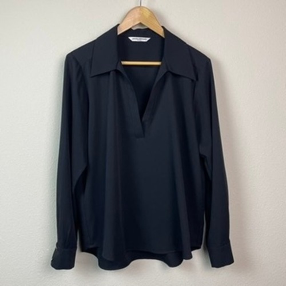 Amanda Uprichard Blouse Womens Large Navy Blue Excellent Long Sleeve V-Neck‎ Top